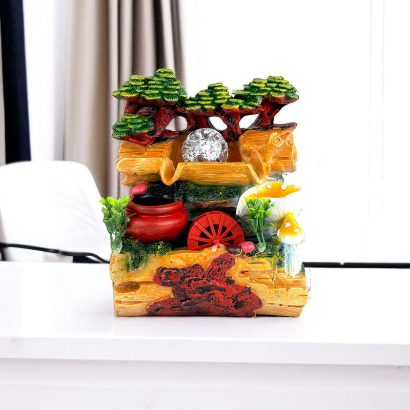 GoHooked BIANCO polyresin tabletop waterfall fountain with LED light and adjustable water flow. Features trees, mushrooms, and a water wheel.
