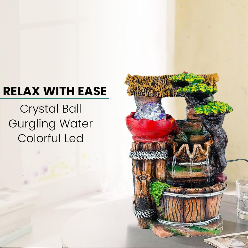 GoHooked BIANCO polyresin tabletop waterfall fountain with crystal ball and colorful LED lights, adjustable water flow.