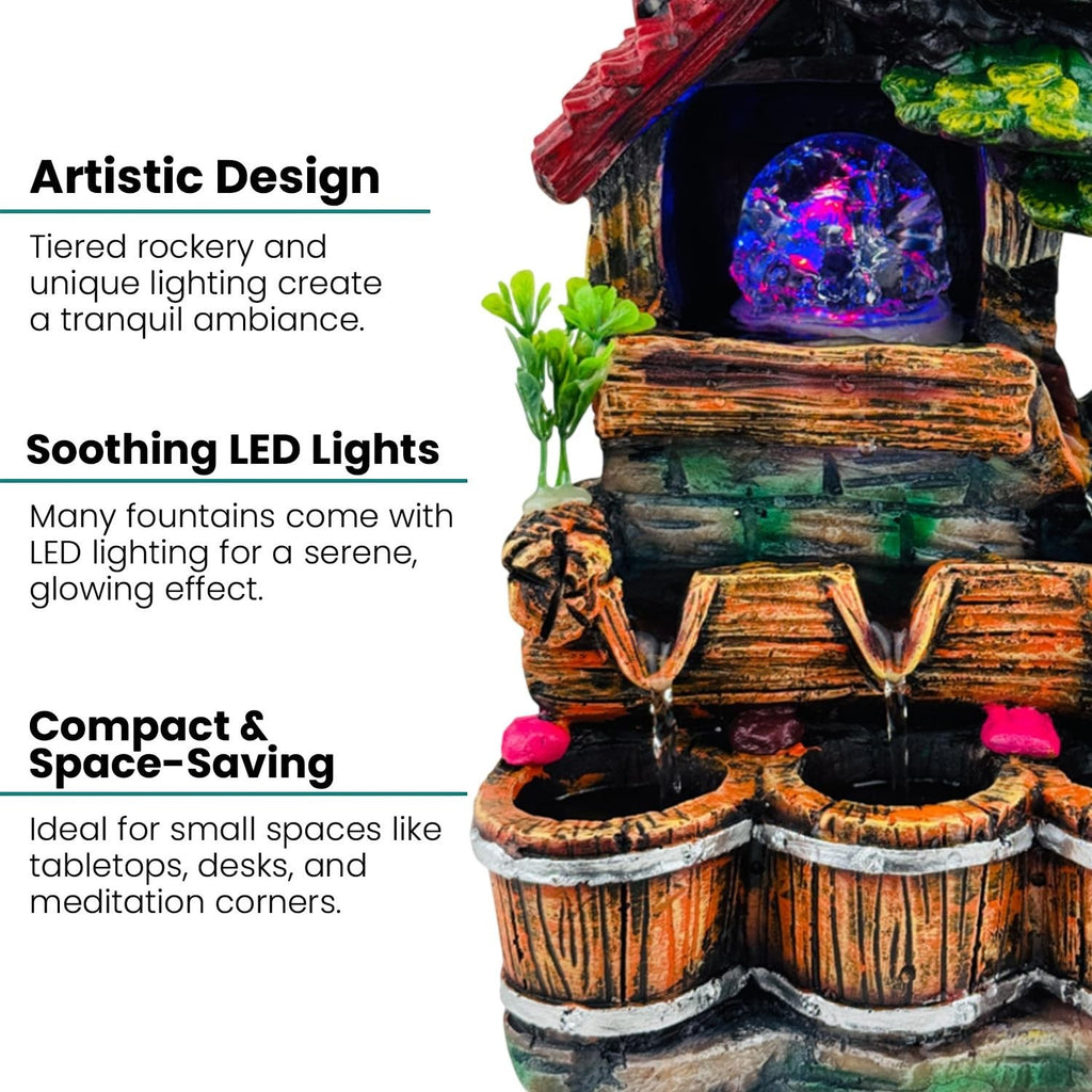 GoHooked BIANCO polyresin tabletop waterfall fountain with LED lights and adjustable speed control, multicolour.