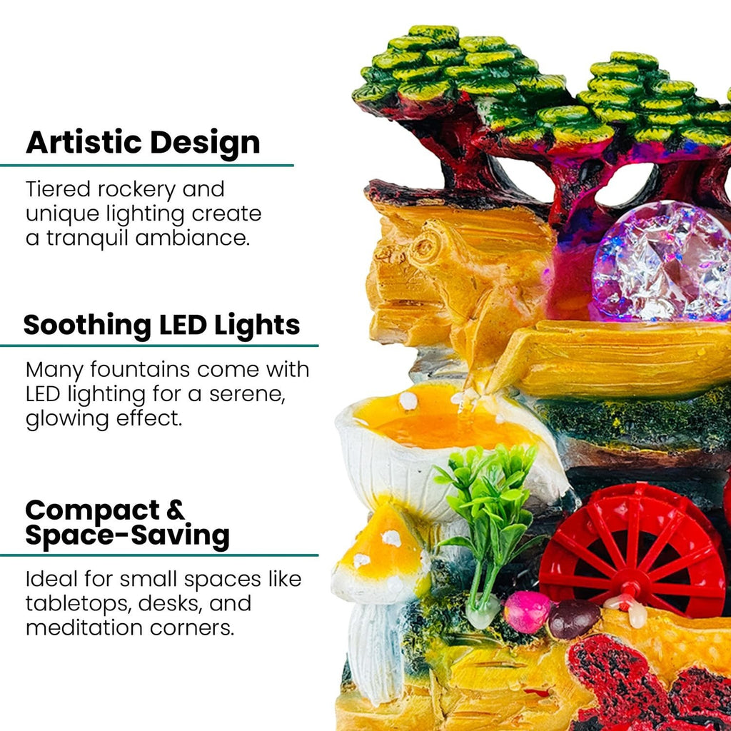GoHooked BIANCO polyresin tabletop waterfall fountain with LED lights and adjustable speed control. Features tiered rockery, mushrooms, and a red water wheel.