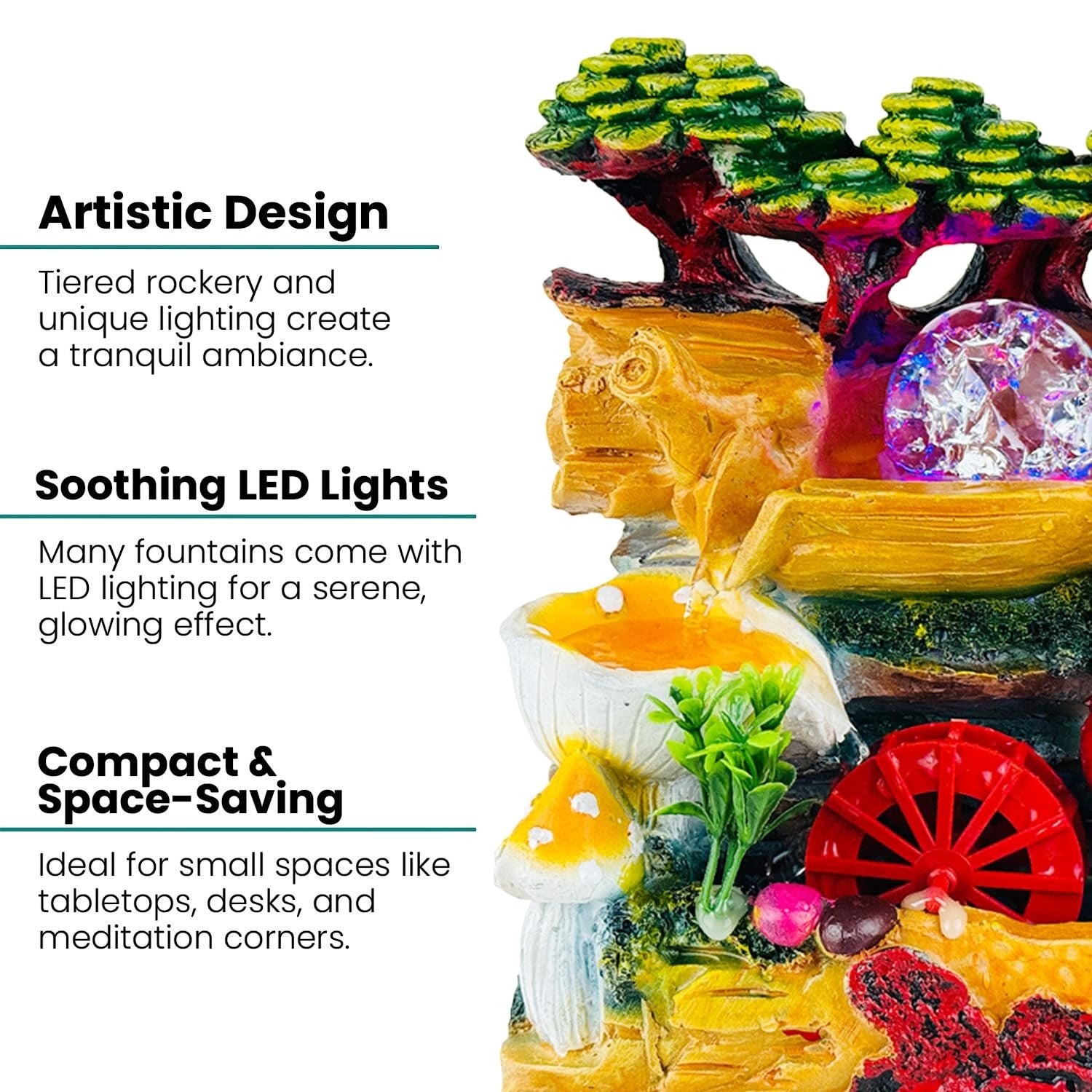 GoHooked BIANCO polyresin tabletop waterfall fountain with LED lights and adjustable speed control. Features tiered rockery, mushrooms, and a red water wheel.