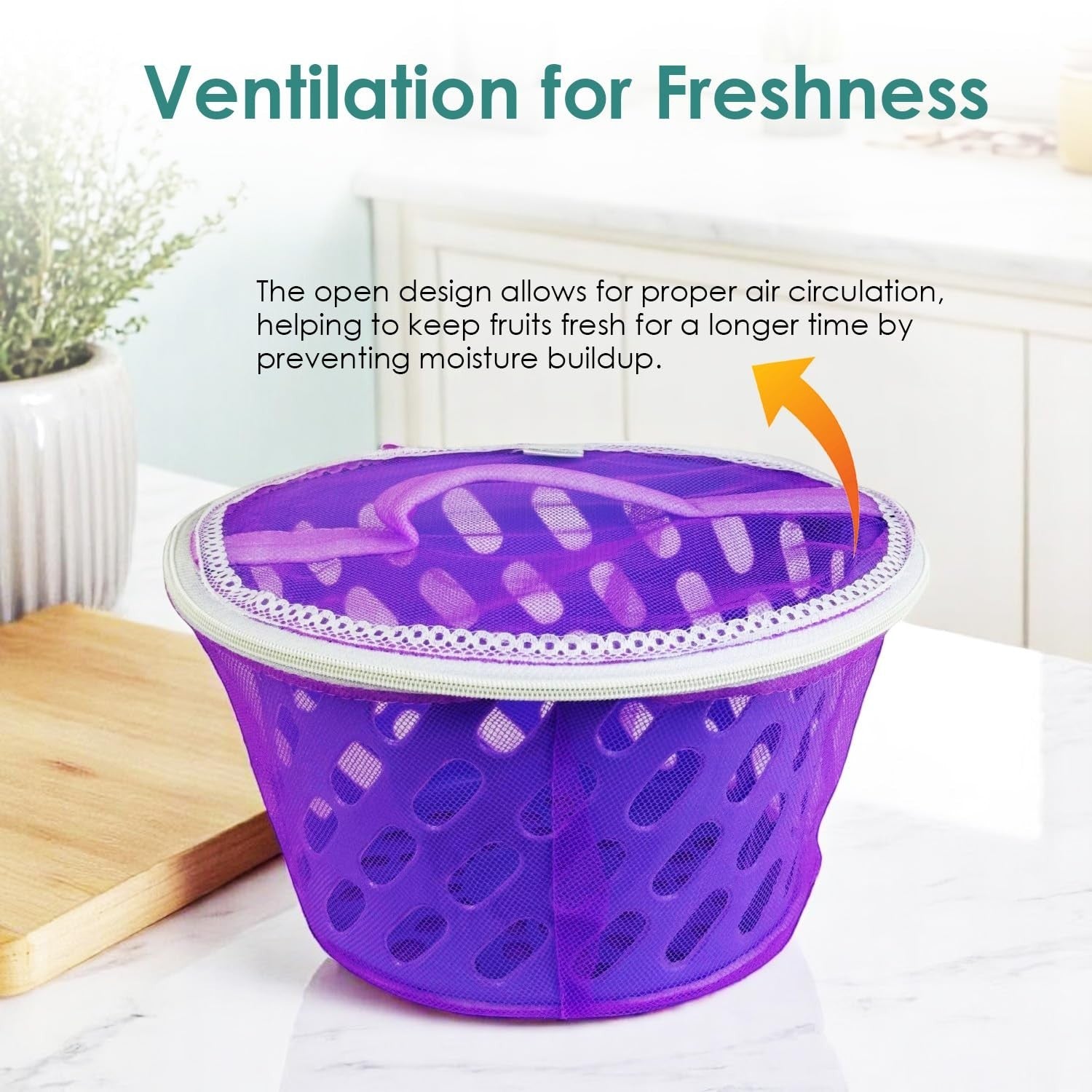 GoHooked BIANCO purple plastic mesh storage basket with zip closure and handle, ideal for fruits and vegetables.