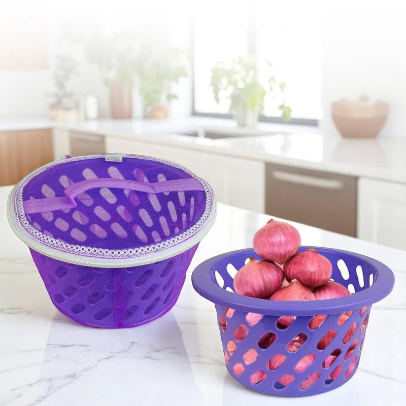 GoHooked BIANCO purple plastic mesh storage basket with zip closure and handle, ideal for fruits and vegetables.