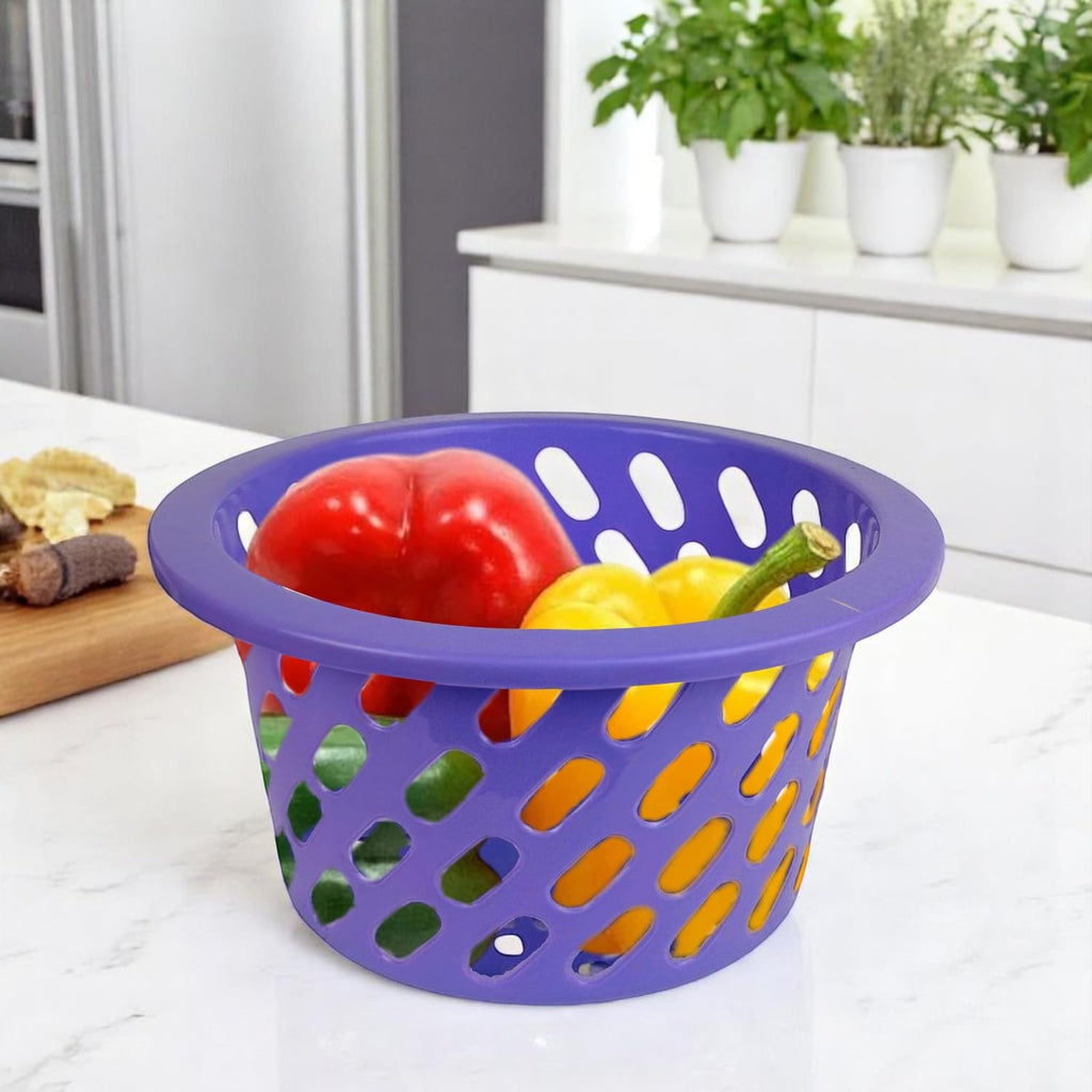 GoHooked BIANCO purple plastic storage net basket with red and yellow bell peppers inside. Ideal for pantry or fruit storage.