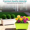 GoHooked Bianco rectangular plastic plant pots, one white, one lime green, with plants and flowers. Perfect for home or garden.