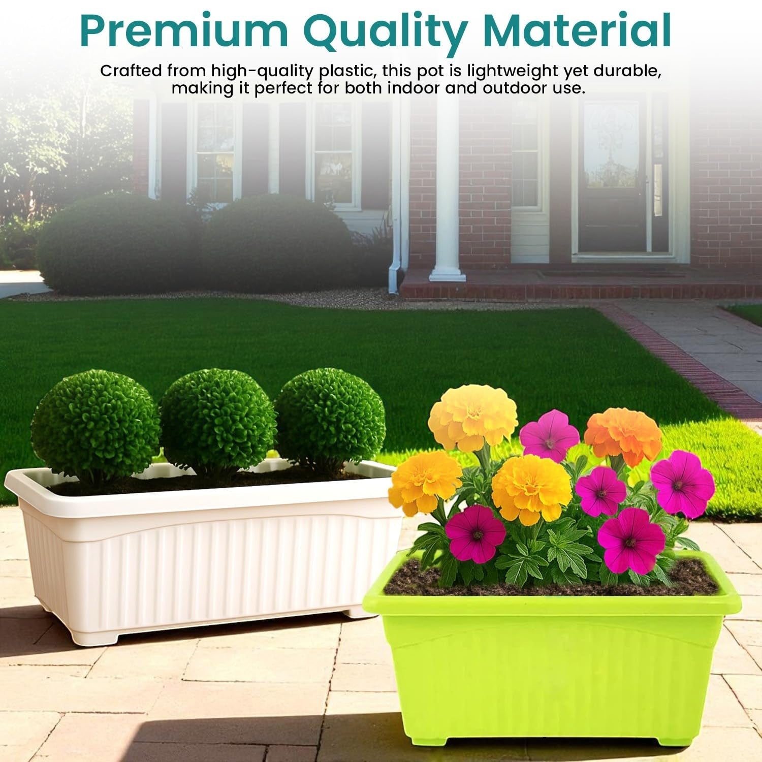 GoHooked Bianco rectangular plastic plant pots, one white, one lime green, with plants and flowers. Perfect for home or garden.