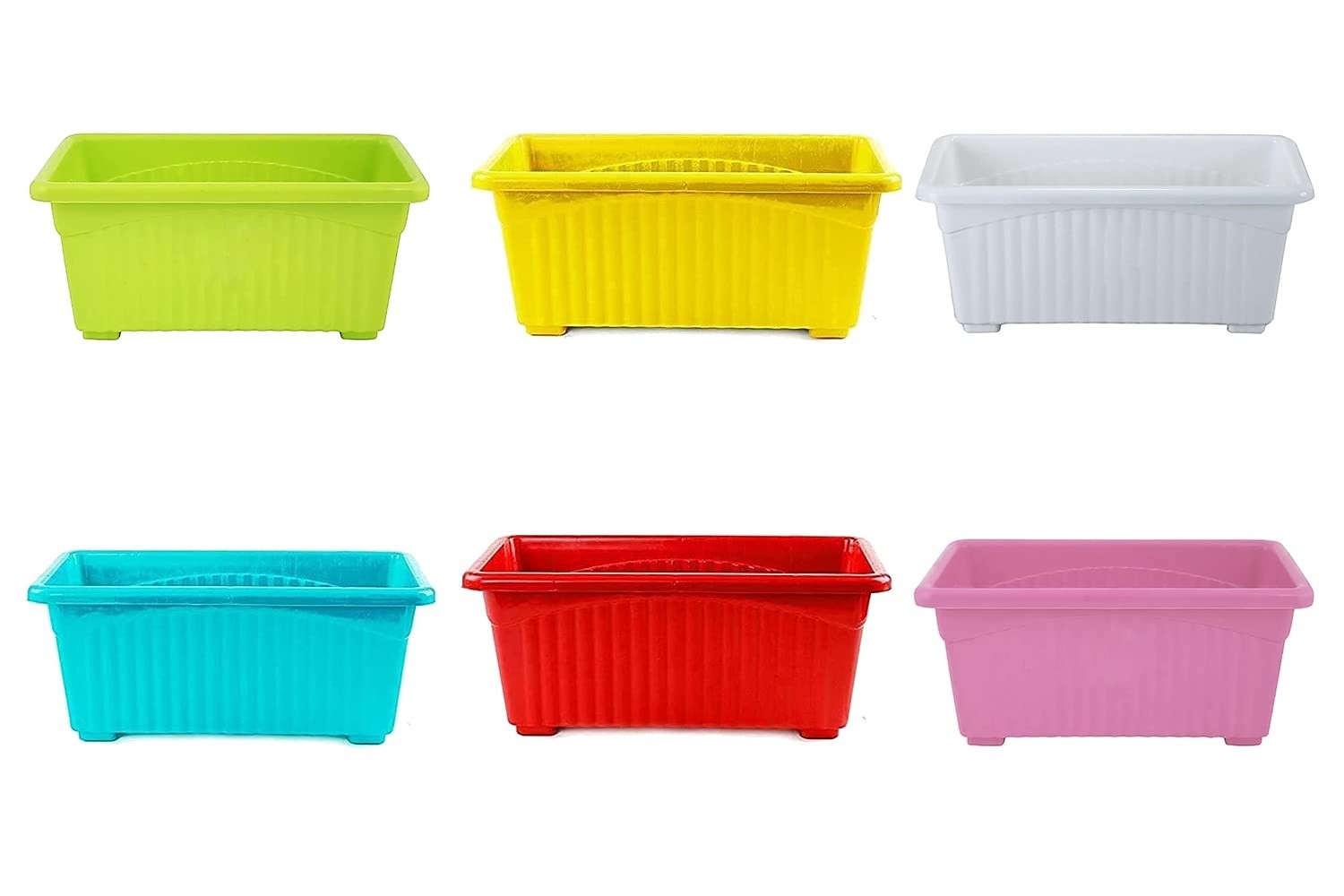 GoHooked Bianco rectangular plastic plant pots in green, yellow, white, blue, red, and pink. Pack of 6.