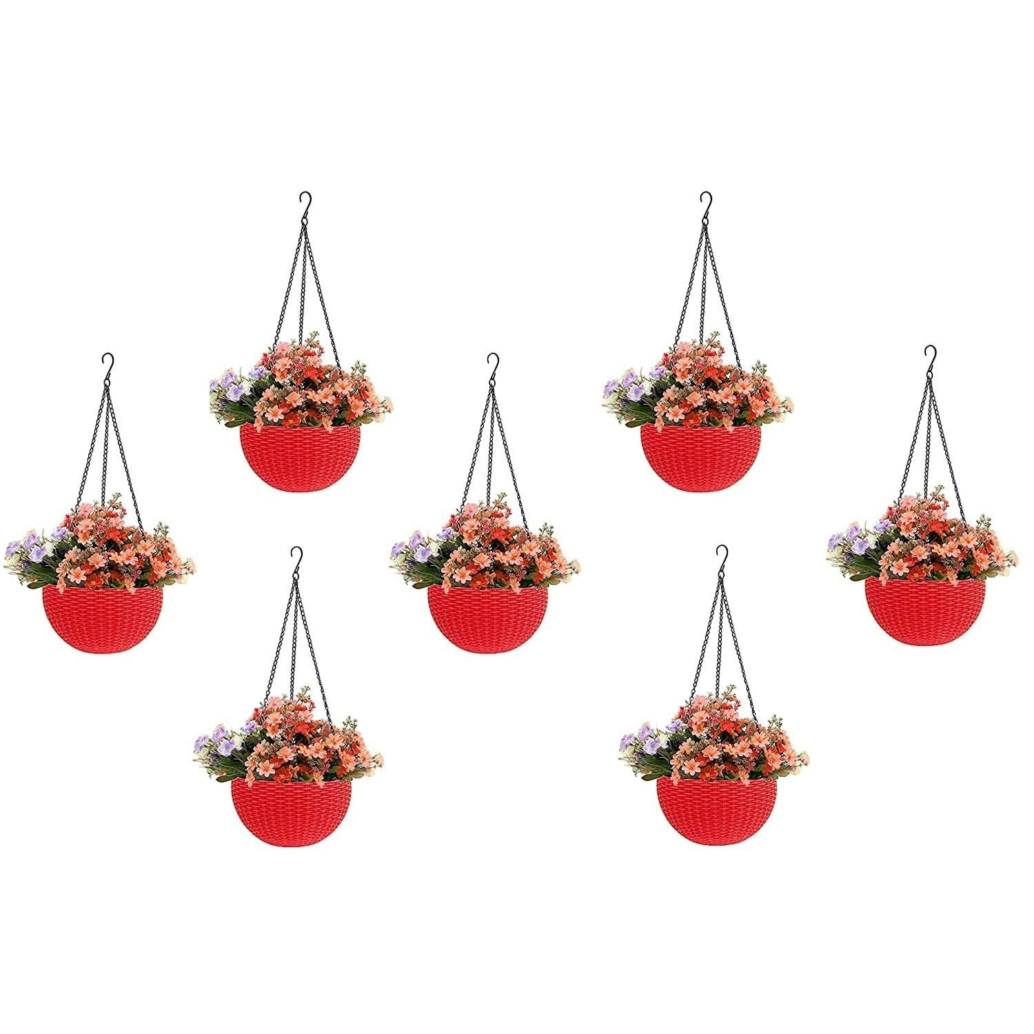 GoHooked Bianco red plastic hanging rattan planter with woven texture, 7 pieces, filled with colorful flowers.