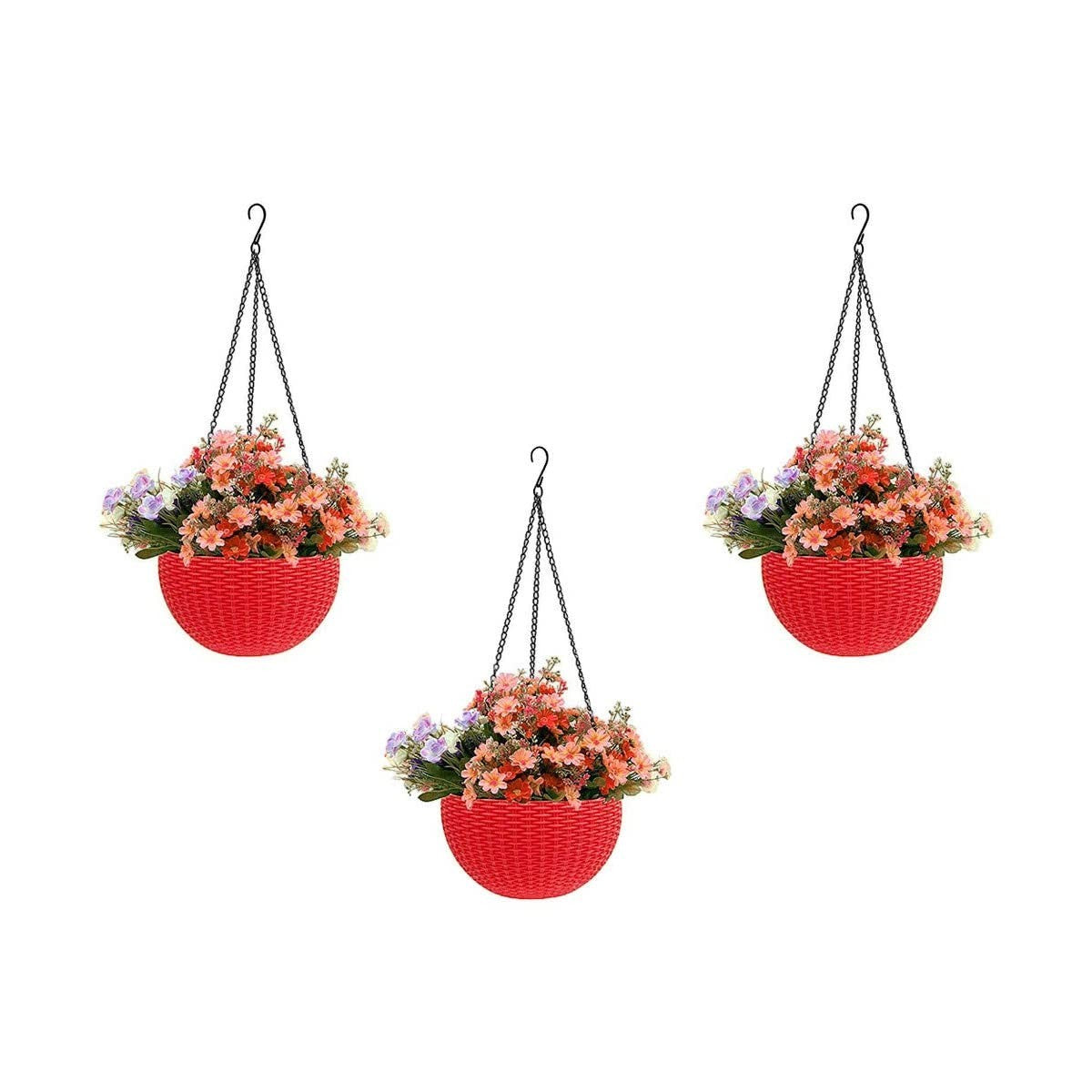 GoHooked Bianco red plastic hanging rattan planter with woven texture, 7.1 inch diameter, holds flowers.