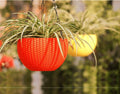 GoHooked Bianco red plastic hanging planter with woven rattan look, 7.1 inch diameter.