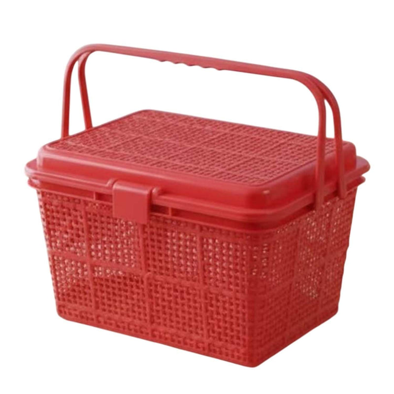 GoHooked Bianco red plastic picnic storage basket with lid and handle. Multipurpose organizer for toys, diapers, and essentials.