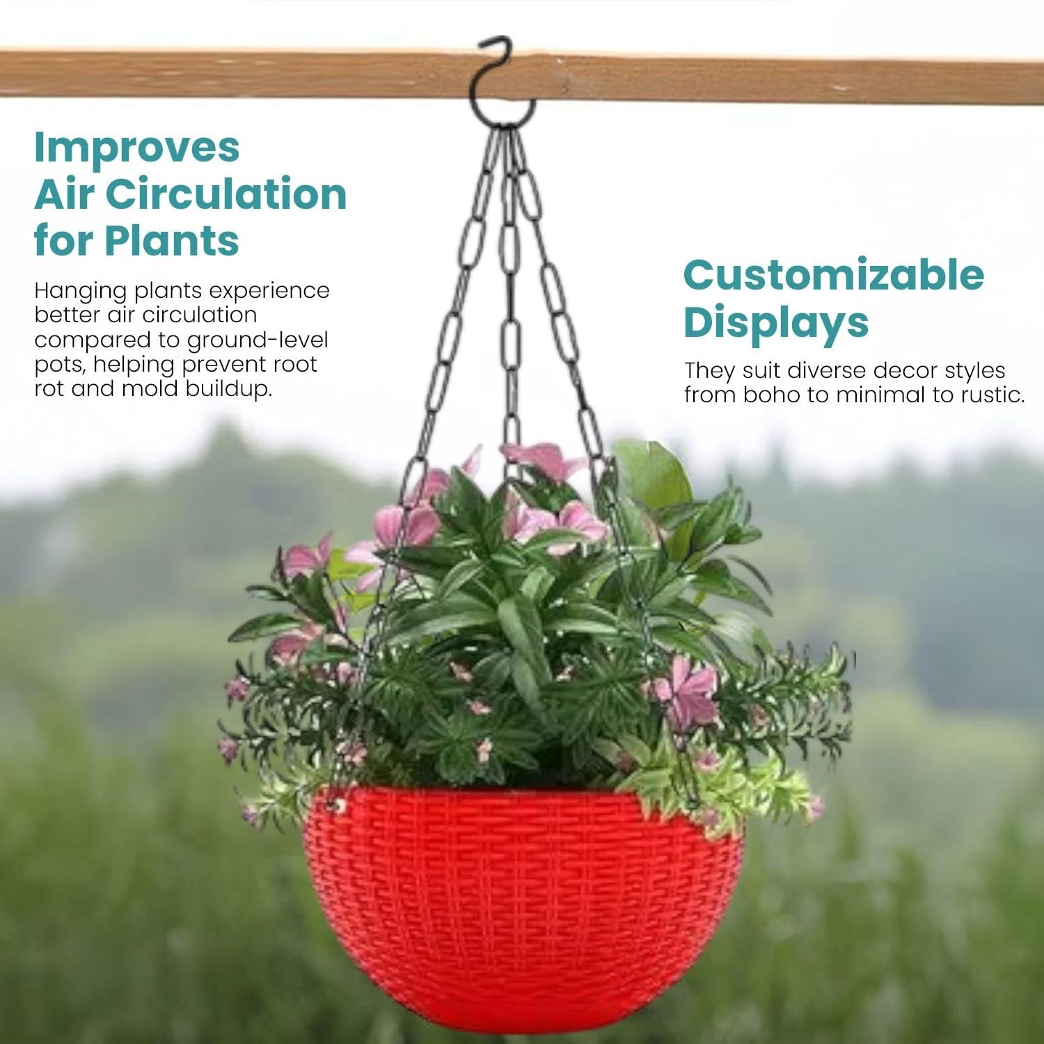 GoHooked Bianco red plastic hanging rattan planter with woven texture and chain. Improves air circulation for plants.
