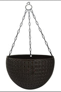 GoHooked Bianco dark brown round plastic hanging planter with woven texture and metal chain. Set of 5.
