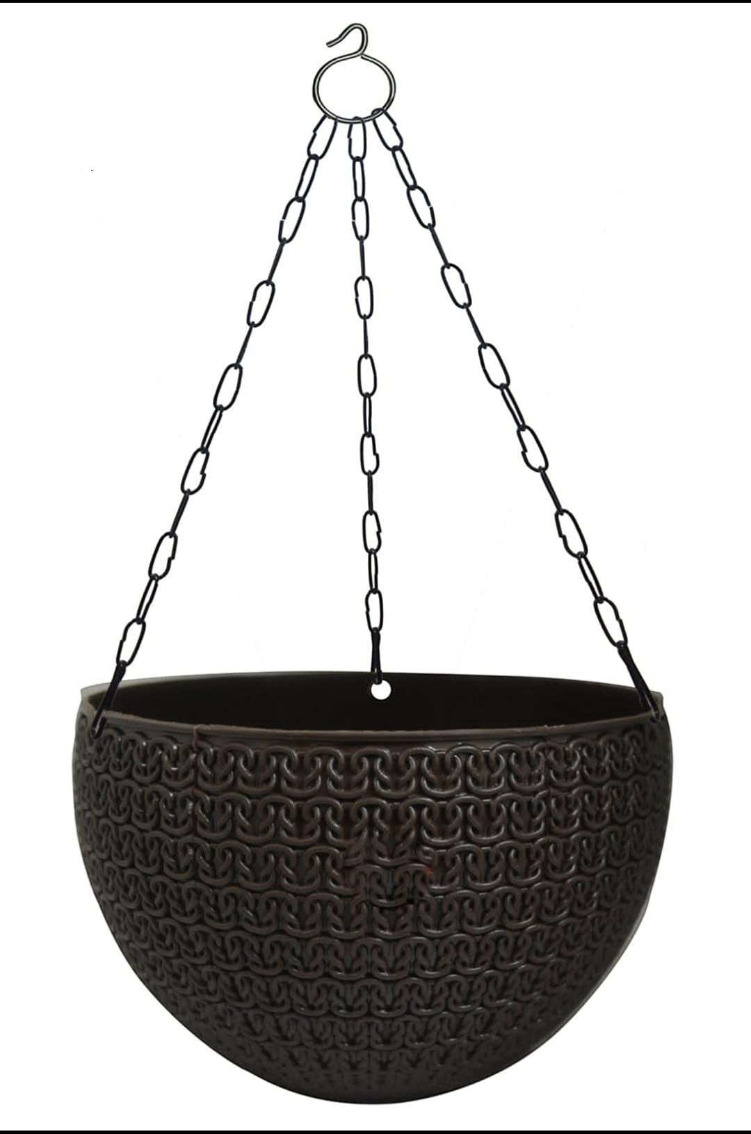 GoHooked Bianco dark brown round plastic hanging planter with woven texture and metal chain. Set of 5.