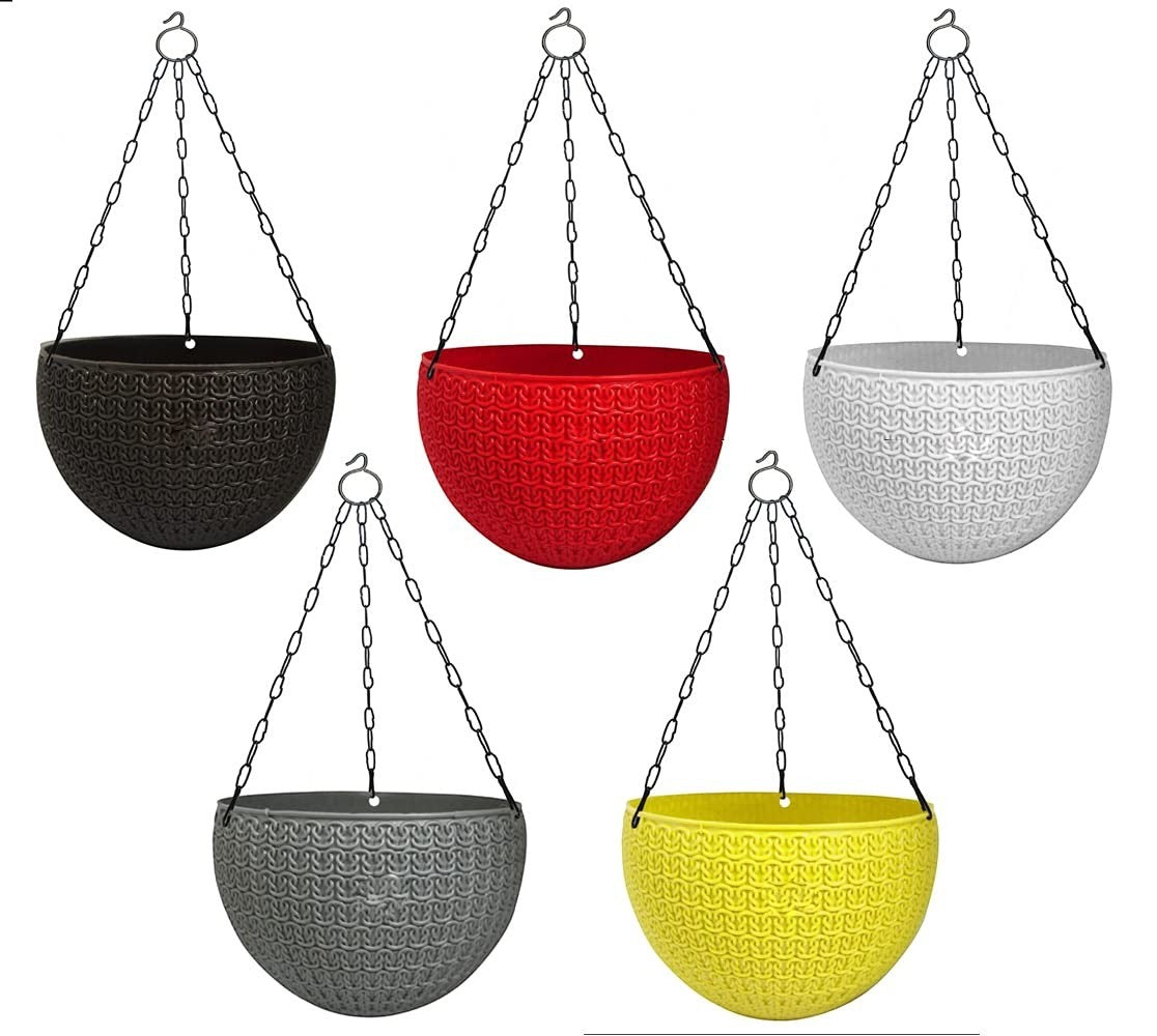 GoHooked Bianco set of 5 multicolored round plastic hanging pots with woven texture and metal chains.