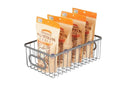 GoHooked Bianco silver metal wire grid storage basket bin with handles, holding bags of organic pumpkin seeds.