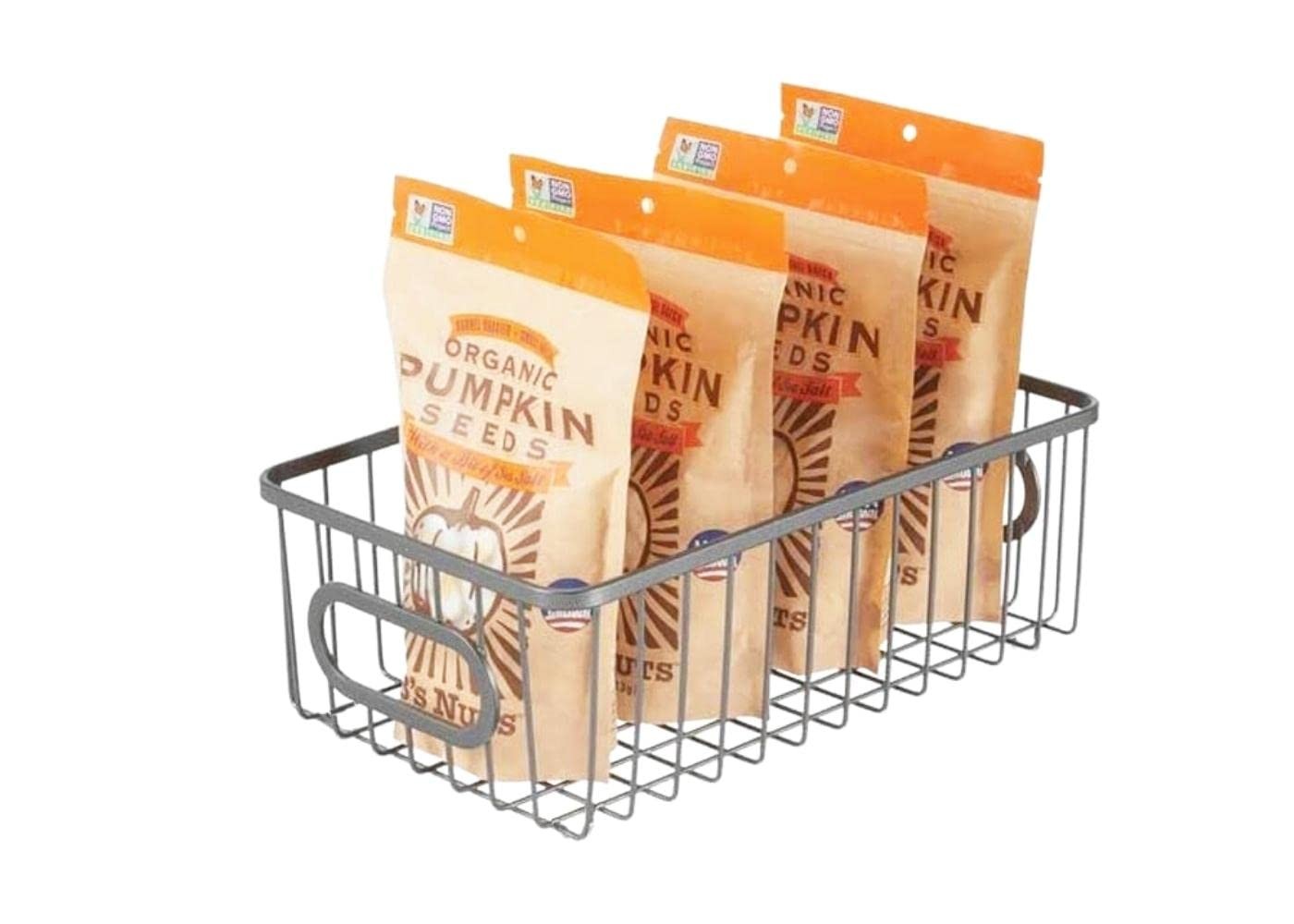 GoHooked Bianco silver metal wire grid storage basket bin with handles, holding bags of organic pumpkin seeds.