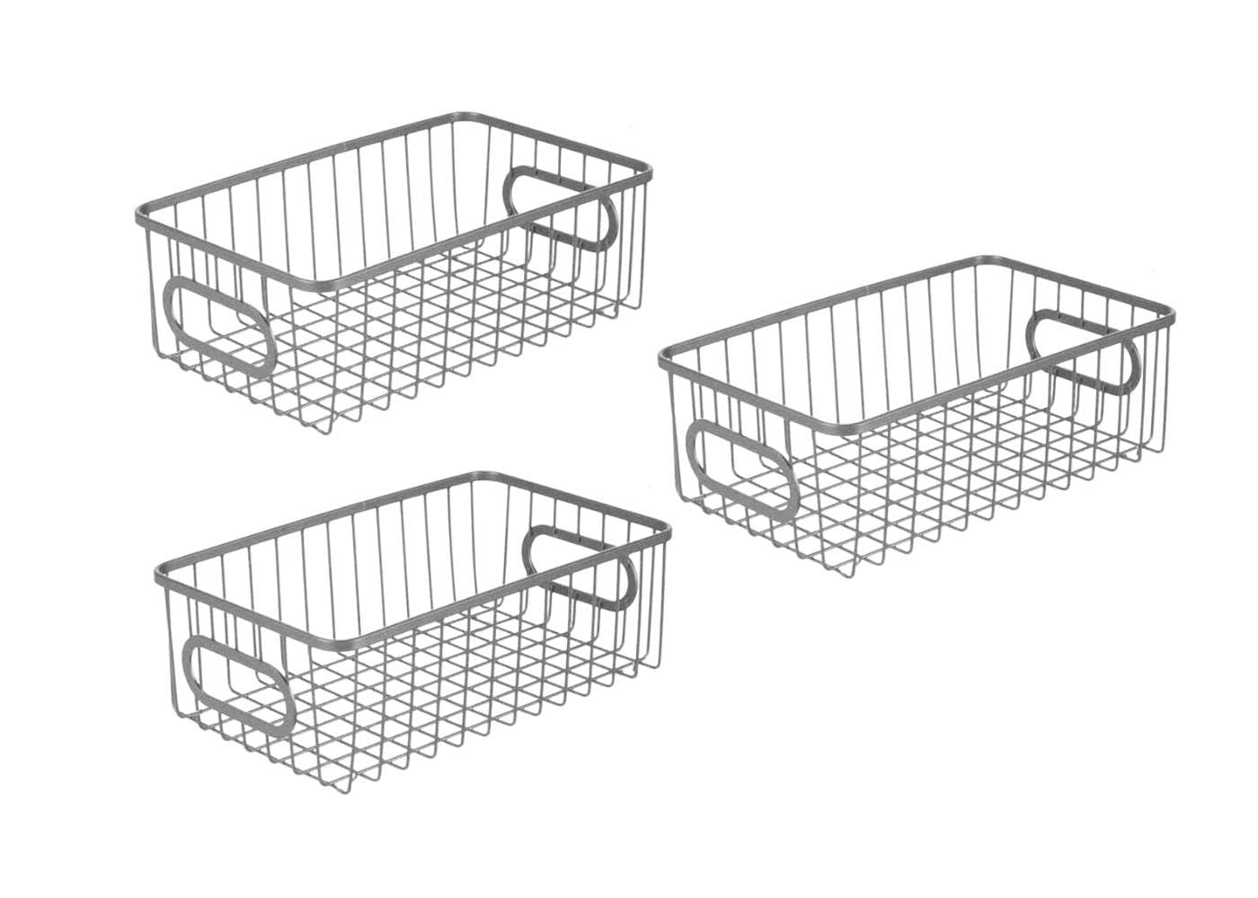 GoHooked Bianco set of 3 silver metal wire grid storage baskets with handles. Modern design for multipurpose organization.