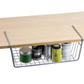 GoHooked Bianco silver wire under shelf basket holding spice jars and canisters on a wooden surface.