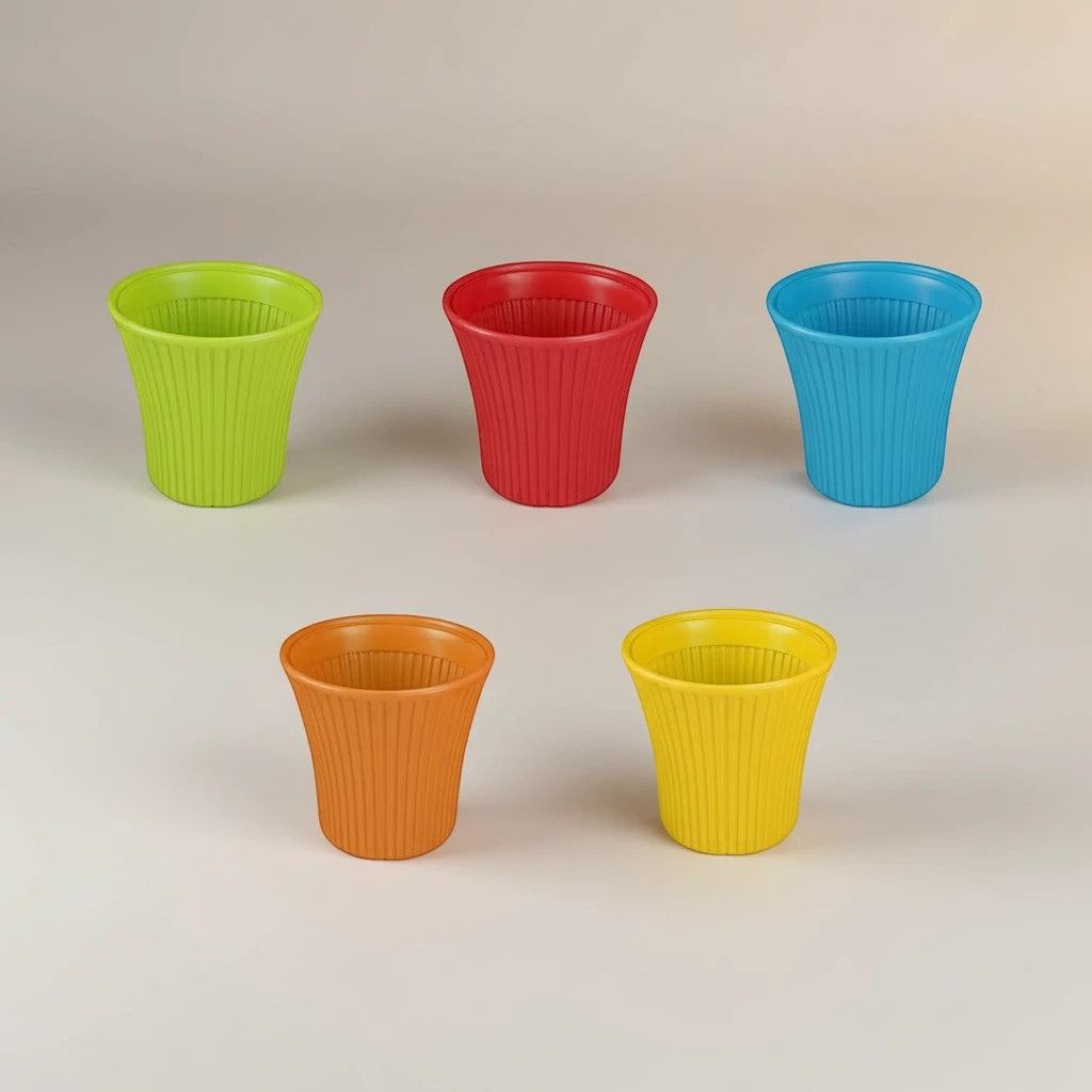 GoHooked Bianco Small Sunshine Flower Pots, pack of 5, 5 inch, multicolor plastic planters for home and garden.