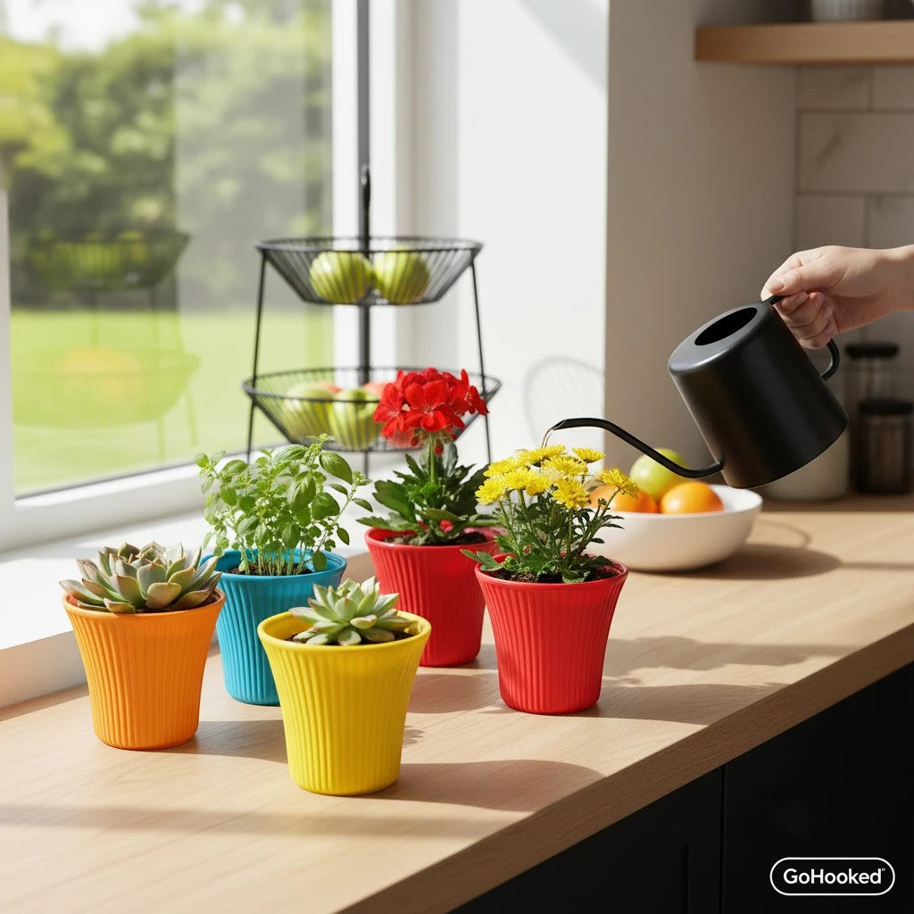 GoHooked Bianco Small Sunshine Flower Pots, pack of 5, 5-inch multicolor plastic planters for indoor/outdoor use.