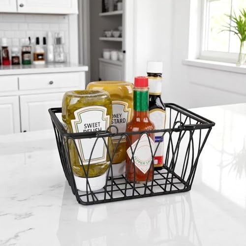 GoHooked BIANCO Twist black wire storage basket with handles, holding condiments like pickles, mustard, and hot sauce.