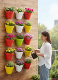Go Hooked Bianco wall hanging pot set in assorted colors: red, yellow, green, and white. Holds various flowering plants.