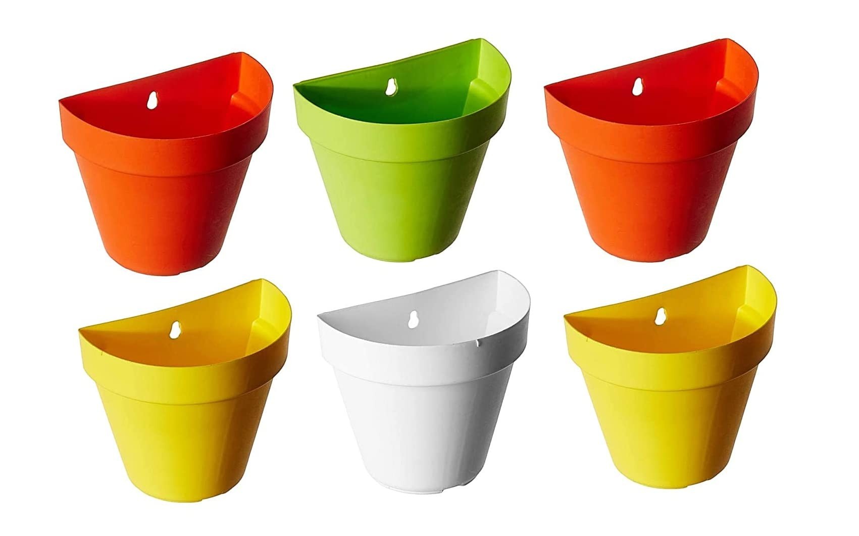 GoHooked Bianco wall hanging pot set of 6 in assorted colors: orange, green, yellow, and white. Made of durable plastic.