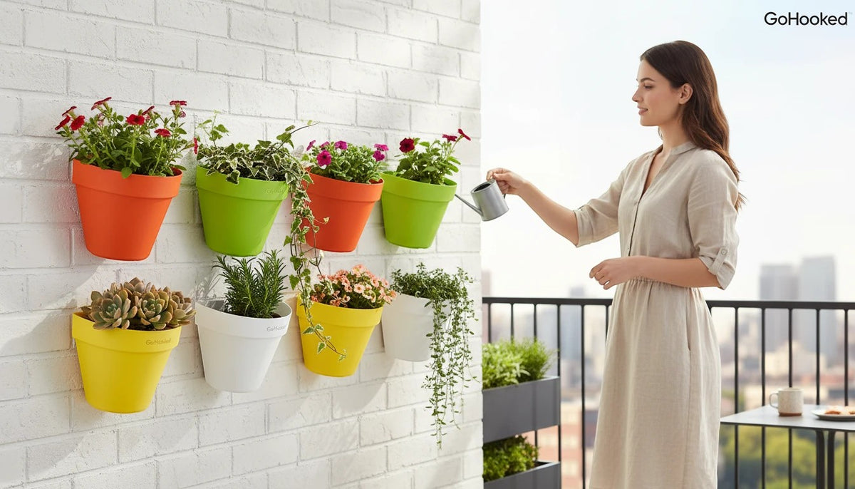 GoHooked Bianco wall hanging pots in assorted colors (orange, green, yellow, white) holding various plants on a brick wall.