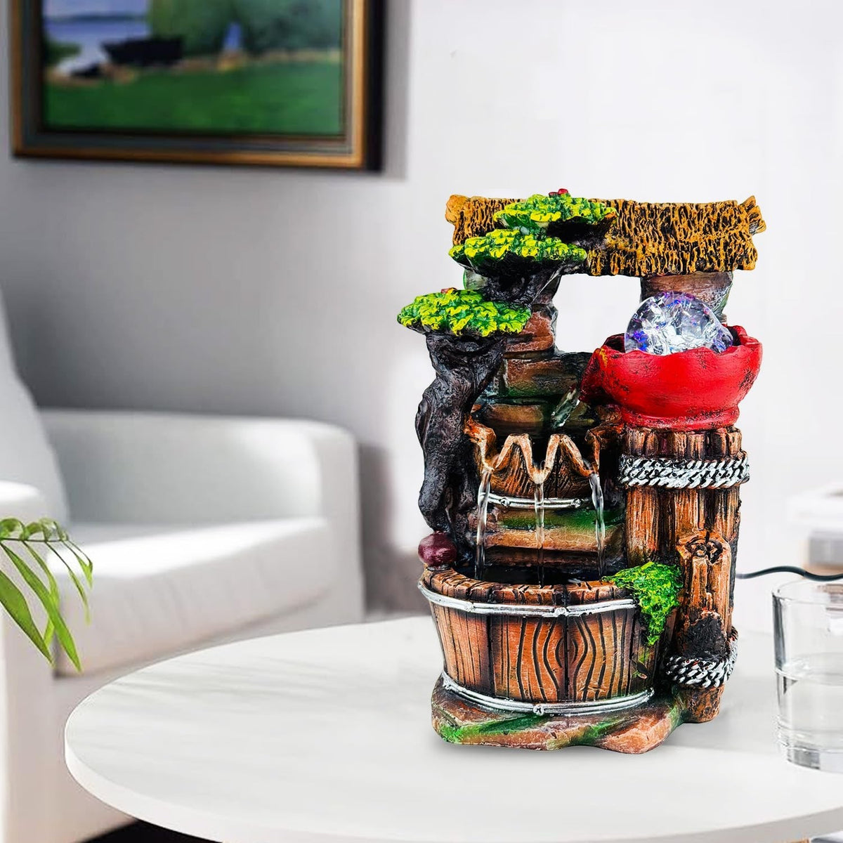 GoHooked BIANCO polyresin tabletop waterfall fountain with LED lights, adjustable flow, and a crystal ball.