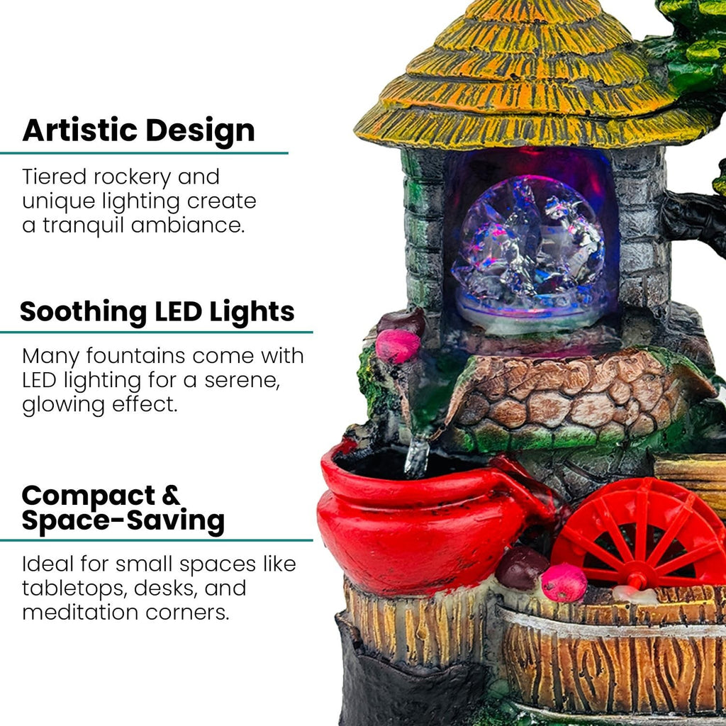 GoHooked BIANCO polyresin tabletop waterfall fountain with LED lights and adjustable speed control, featuring a red pot and water wheel.