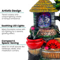 GoHooked BIANCO polyresin tabletop waterfall fountain with LED lights and adjustable speed control, featuring a red pot and water wheel.