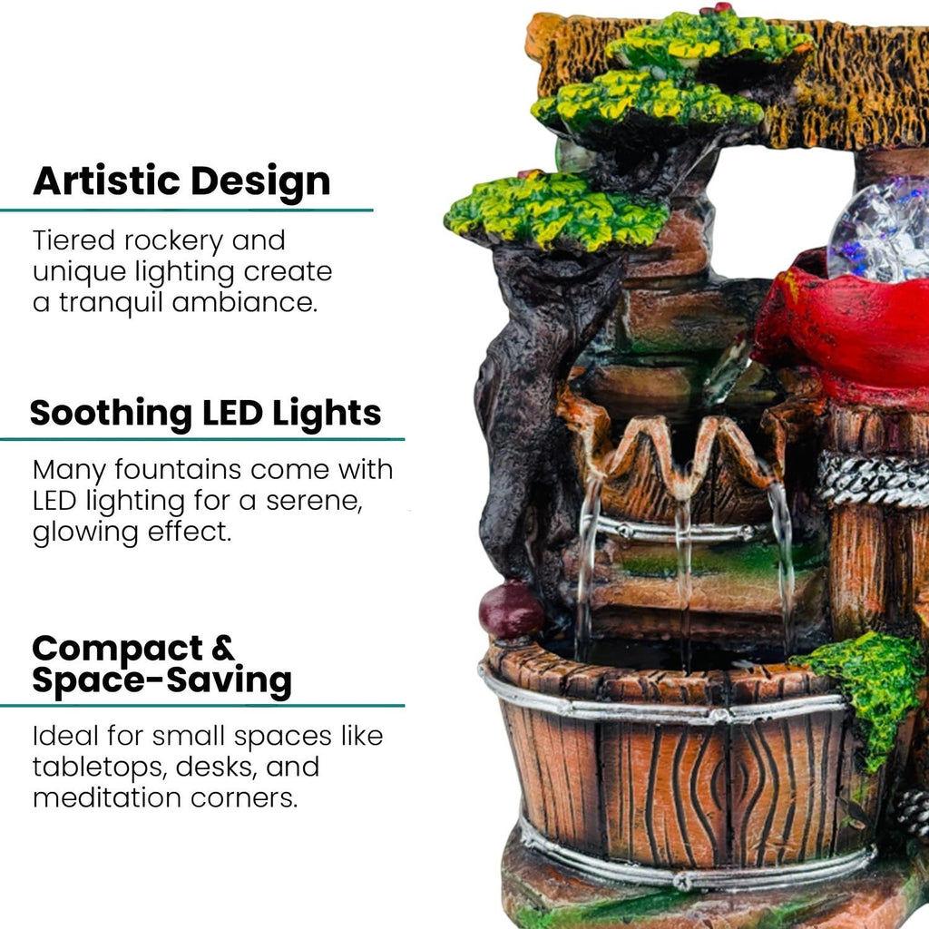 GoHooked BIANCO polyresin tabletop waterfall fountain with LED lights and adjustable speed control. Multicolour.