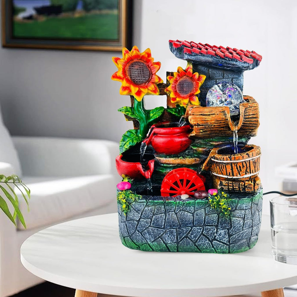 GoHooked BIANCO polyresin tabletop waterfall fountain with sunflowers, LED lights, and adjustable water flow.
