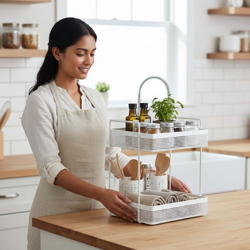 GoHooked Bianco white 2-tier metal standing rack organizer with spices, oils, and rolled towels.