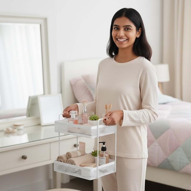 GoHooked Bianco white metal 2-tier standing rack organizer holding cosmetics and bathroom essentials.