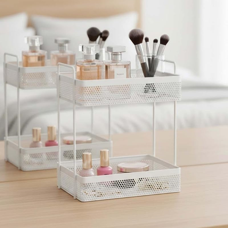 GoHooked Bianco white metal 2-tier standing rack organizer with perfumes, makeup brushes, and nail polish.