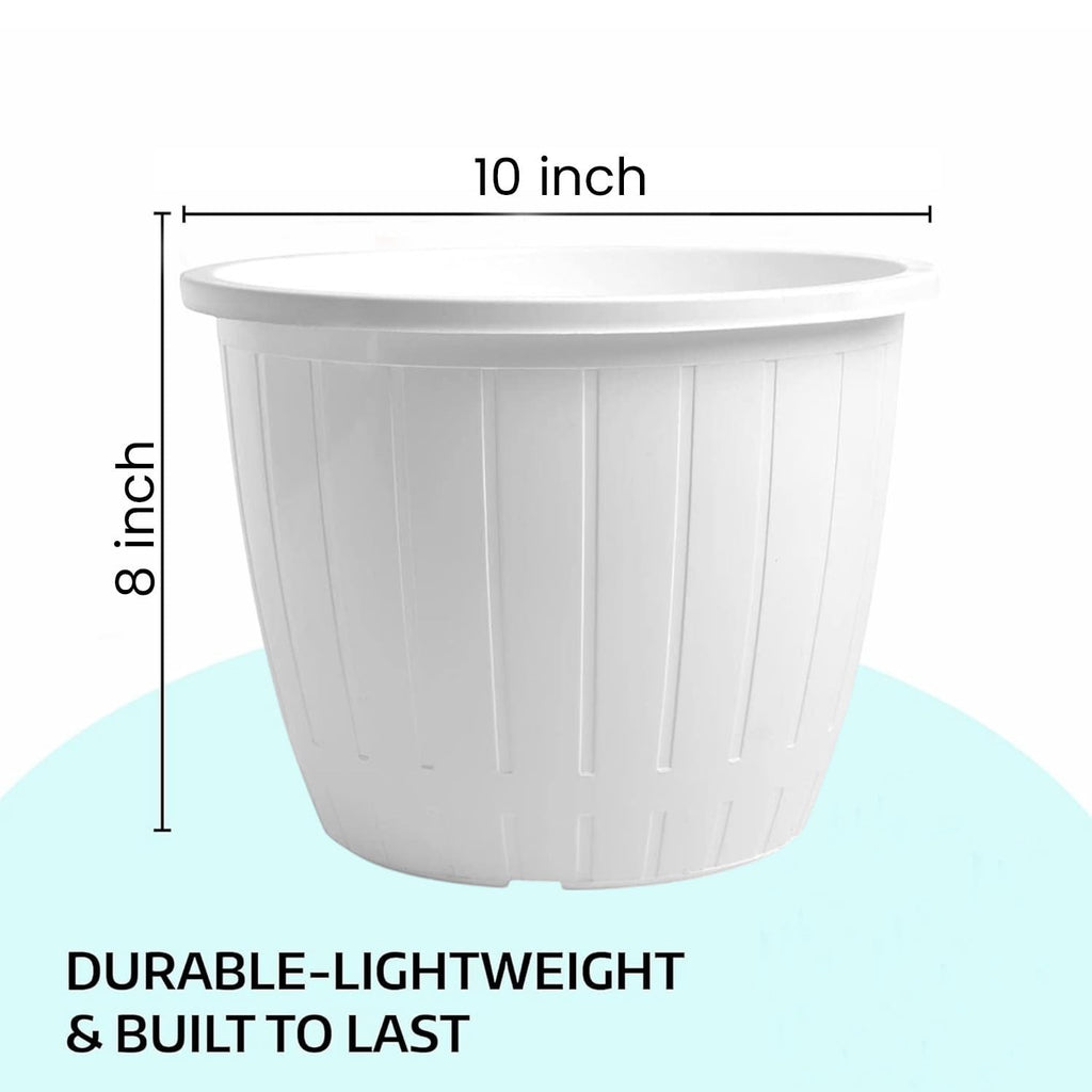 GoHooked Bianco white plastic flower pot, 10-inch diameter, 8-inch height, durable and lightweight for indoor/outdoor gardening.