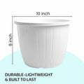 GoHooked Bianco white plastic flower pot, 10-inch diameter, 8-inch height, durable and lightweight for indoor/outdoor gardening.