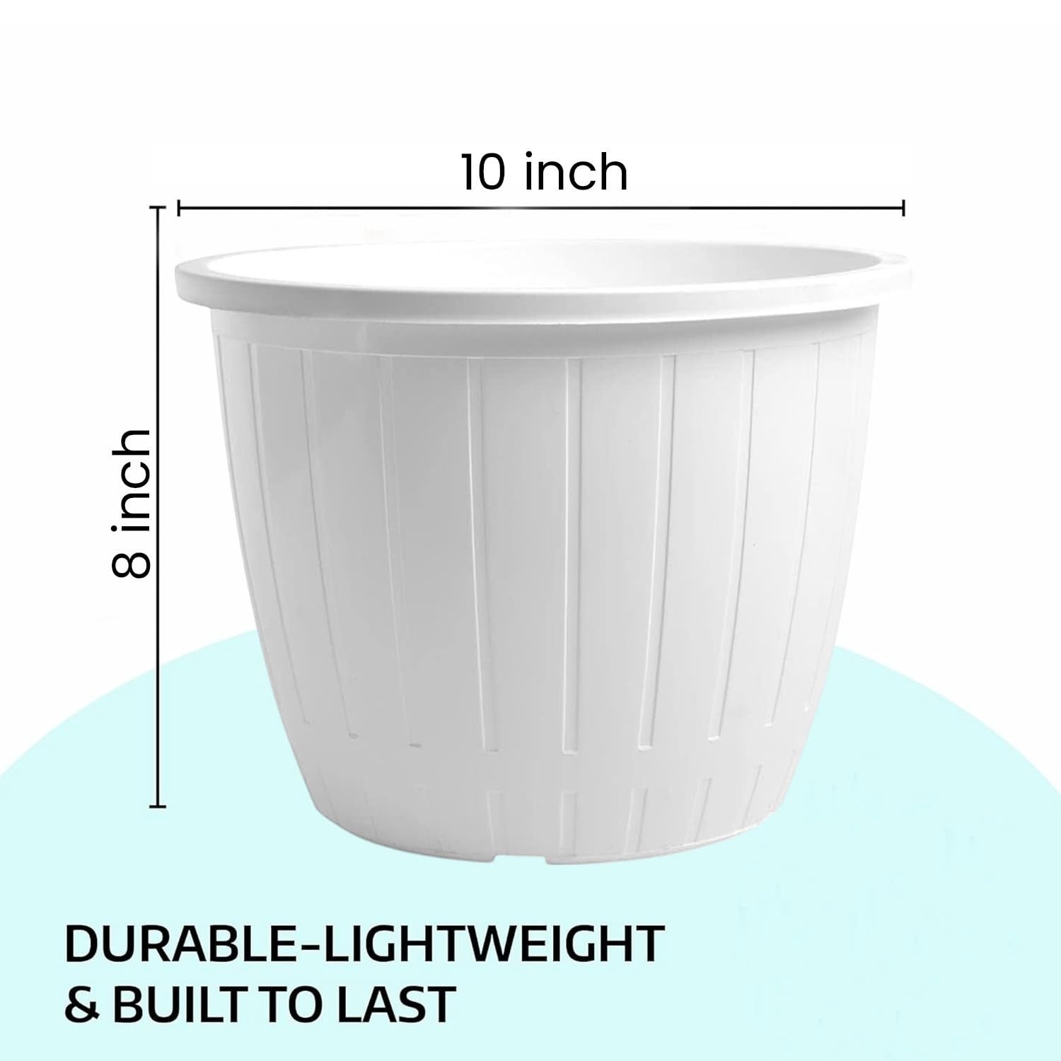 GoHooked Bianco white plastic flower pot, 10-inch diameter, 8-inch height, durable and lightweight for indoor/outdoor gardening.