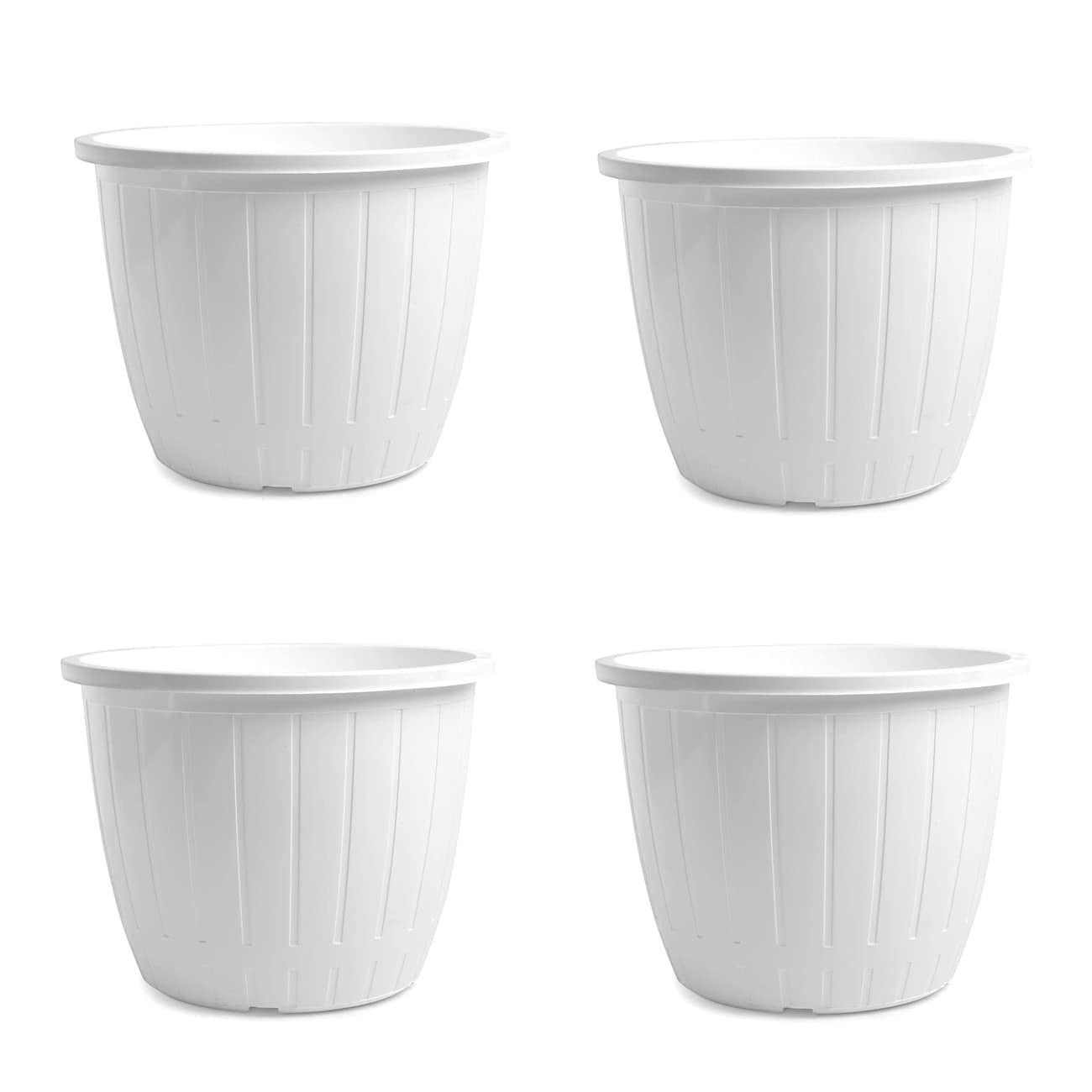 GoHooked Bianco 4-pack white plastic flower pots, 10-inch diameter, durable polypropylene for indoor/outdoor gardening.