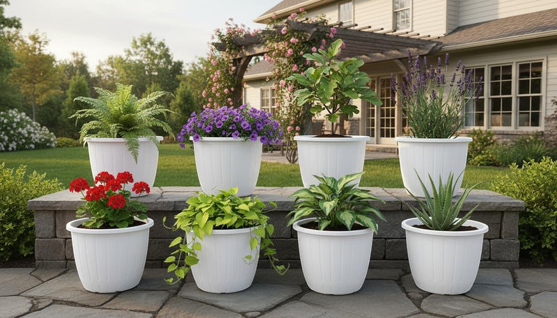 GoHooked Bianco white plastic flower pots with fluted design, 10-inch size, set of 8, for indoor/outdoor gardening.
