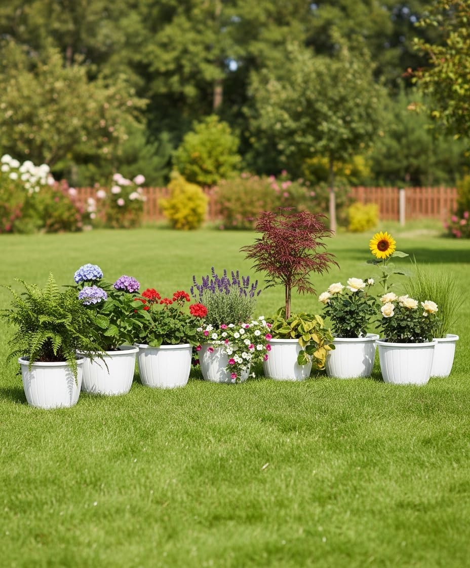 GoHooked Bianco 8-pack white plastic flower pots, 10-inch diameter, for indoor/outdoor gardening.