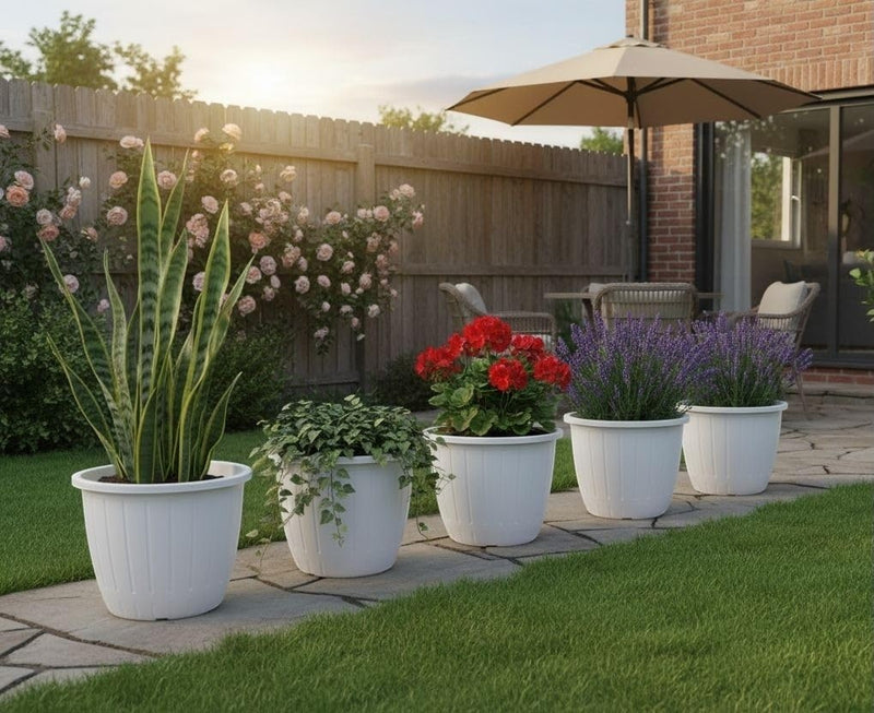 GoHooked Bianco white plastic flower pots, 10-inch, pack of 5, for indoor/outdoor gardening.