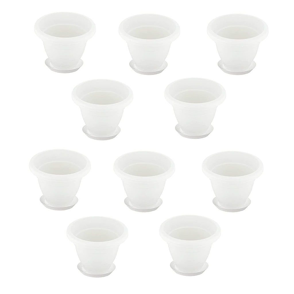 GoHooked Bianco white plastic flower pots with bottom plates, pack of 10, 10-inch size, ideal for home decor.