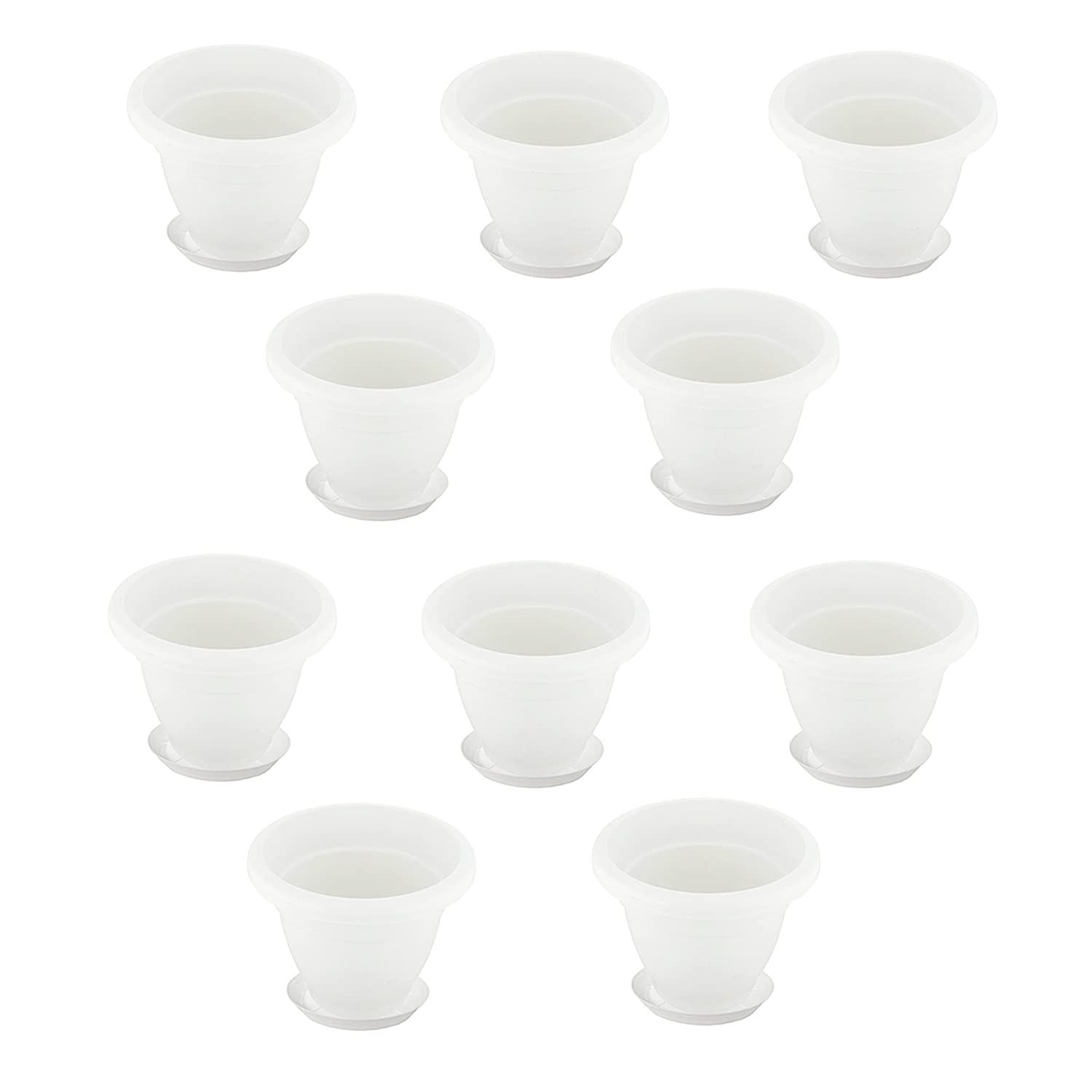 GoHooked Bianco white plastic flower pots with bottom plates, pack of 10, 10-inch size, ideal for home decor.