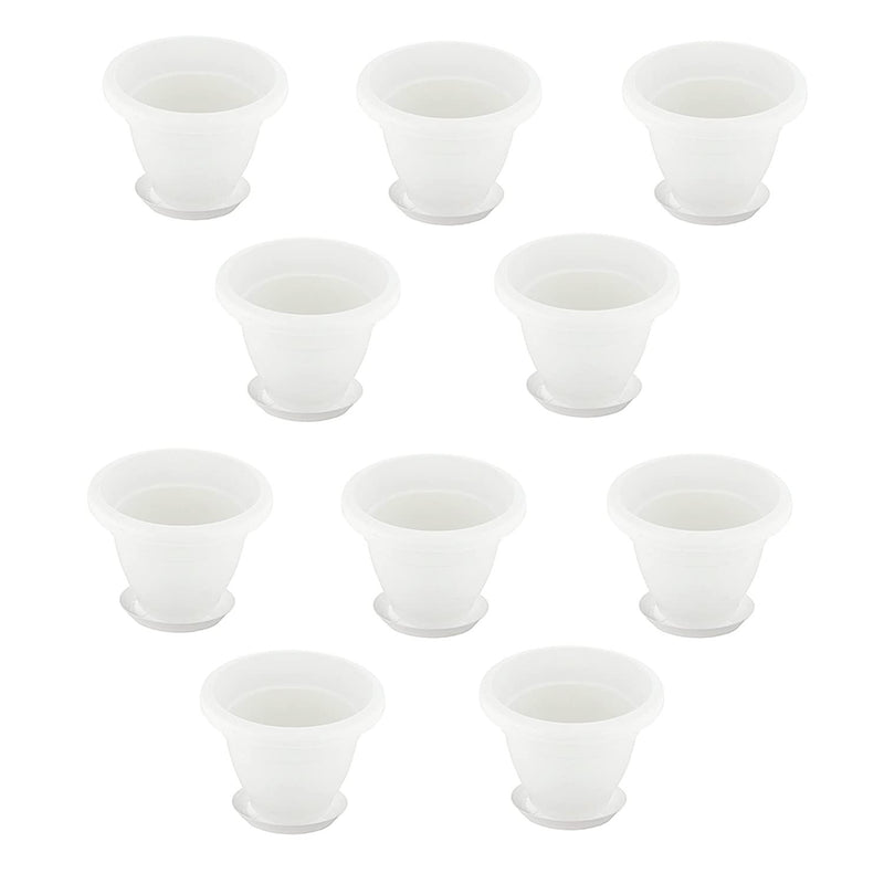 GoHooked Bianco white plastic flower pots with bottom plates, pack of 10, 10-inch size, ideal for home decor.