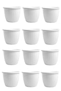 GoHooked Bianco 10-inch white plastic flower pots, pack of 12, with ribbed texture and wide rim. Ideal for indoor or outdoor gardening.