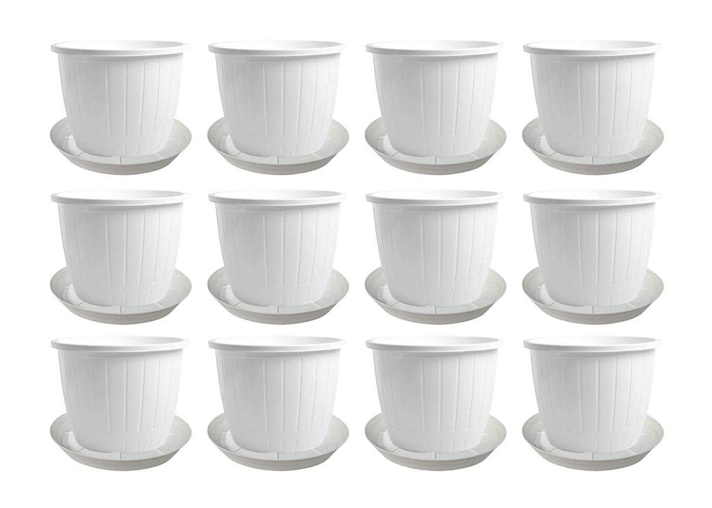 GoHooked Bianco 10-inch white plastic flower pots with matching drip trays, pack of 12. Ideal for indoor/outdoor gardening.