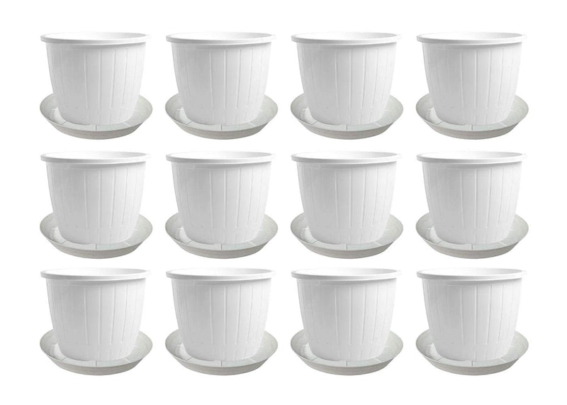 GoHooked Bianco 10-inch white plastic flower pots with matching drip trays, pack of 12. Ideal for indoor/outdoor gardening.